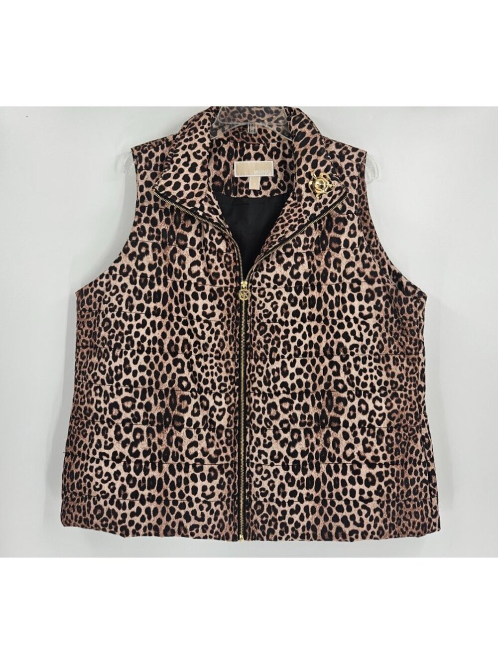 Michael Kors Leopard Print Quilted Puffer Vest Women's 1X Gold Zip Lightweight